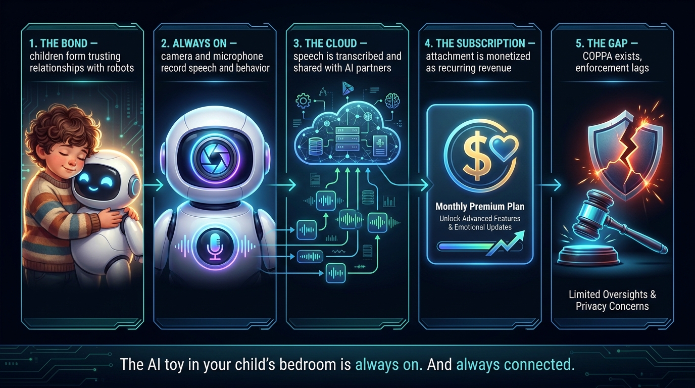 The mechanism flow: a child bond, always-on recording, cloud transcription, subscription monetization, and the enforcement gap.
