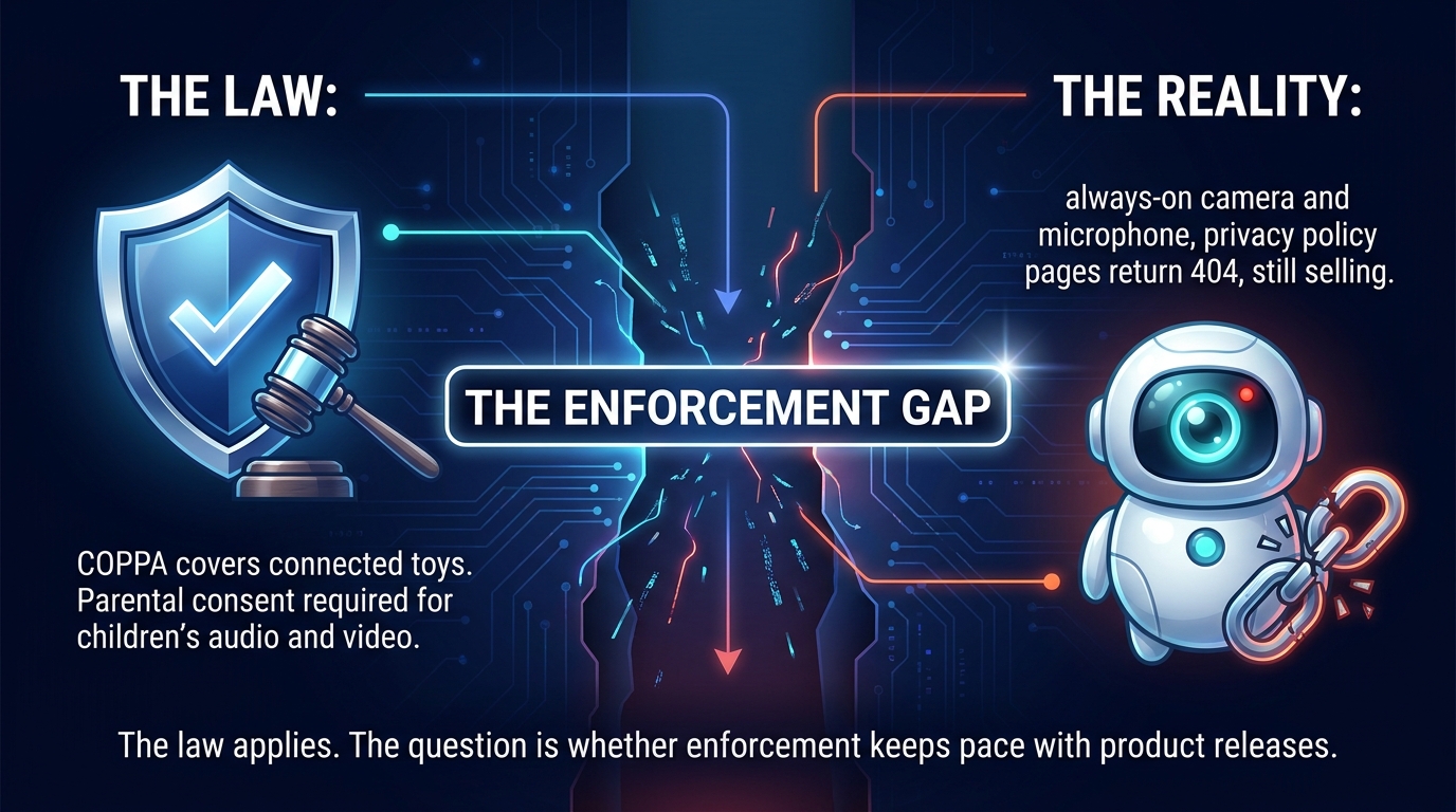 The enforcement gap: COPPA covers connected toys, but enforcement lags product releases.