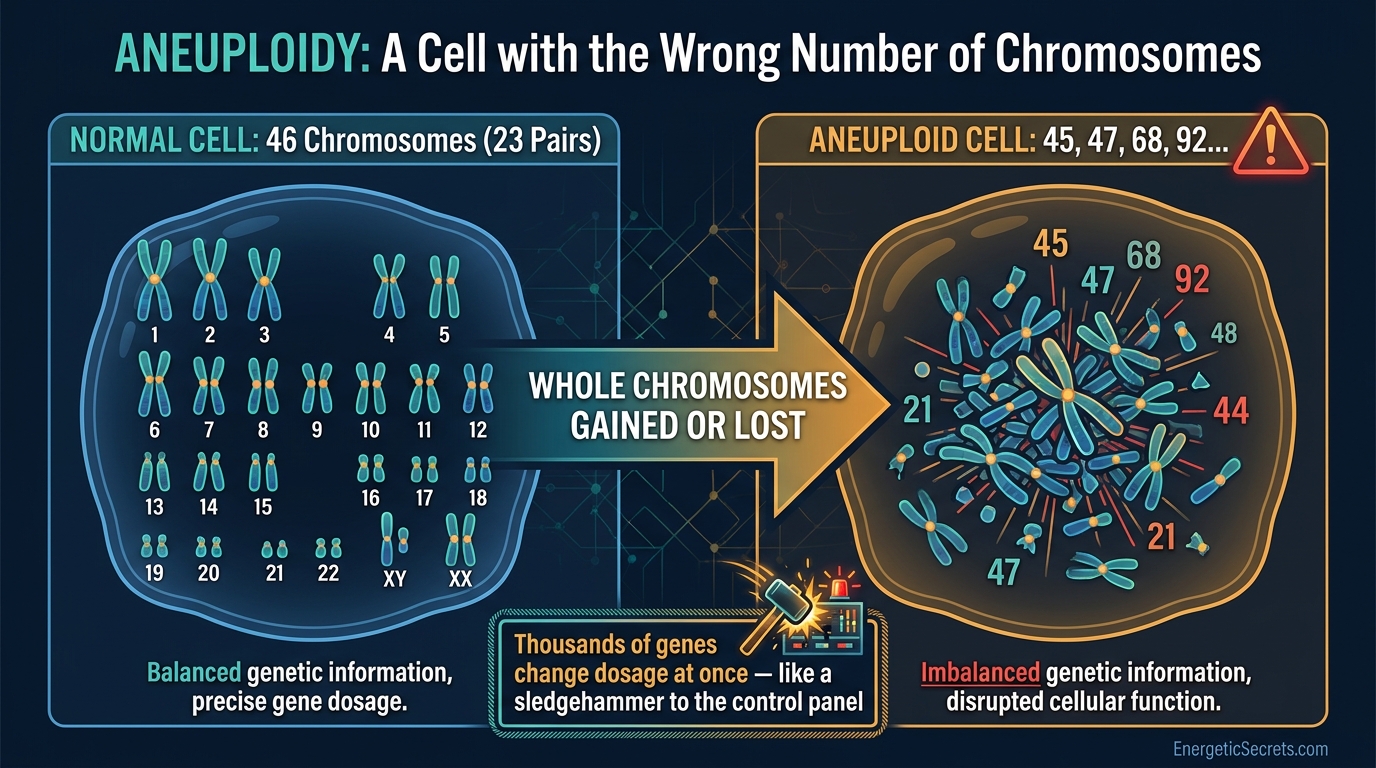 A normal human cell carries 46 chromosomes; aneuploid cells carry the wrong number.