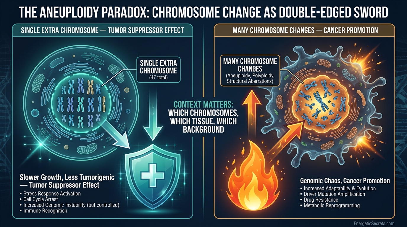 The aneuploidy paradox: the same chromosome changes can suppress or promote cancer.