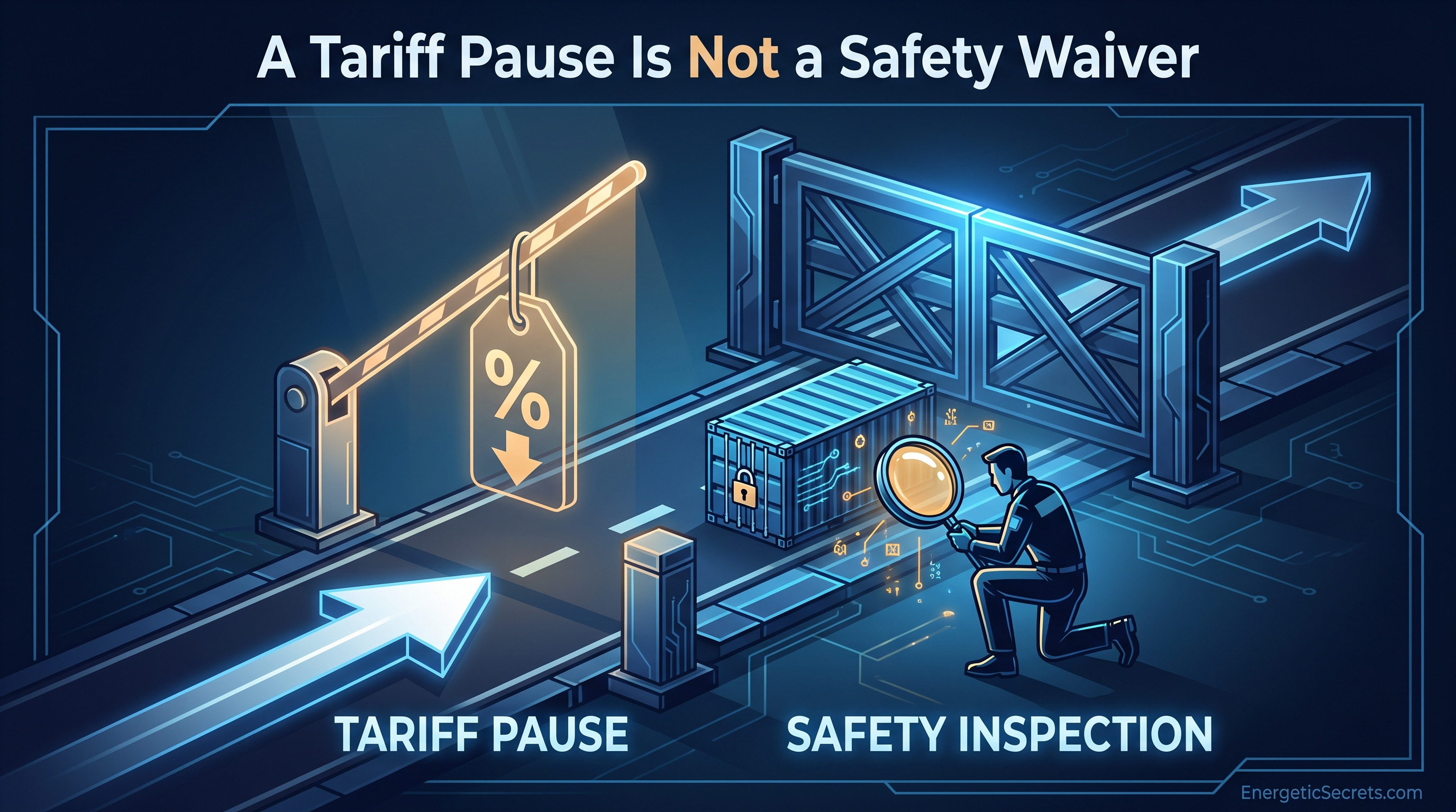 Two gates in series: a tariff pause changes the price of entry, while the FSIS safety inspection stays closed to product that fails
