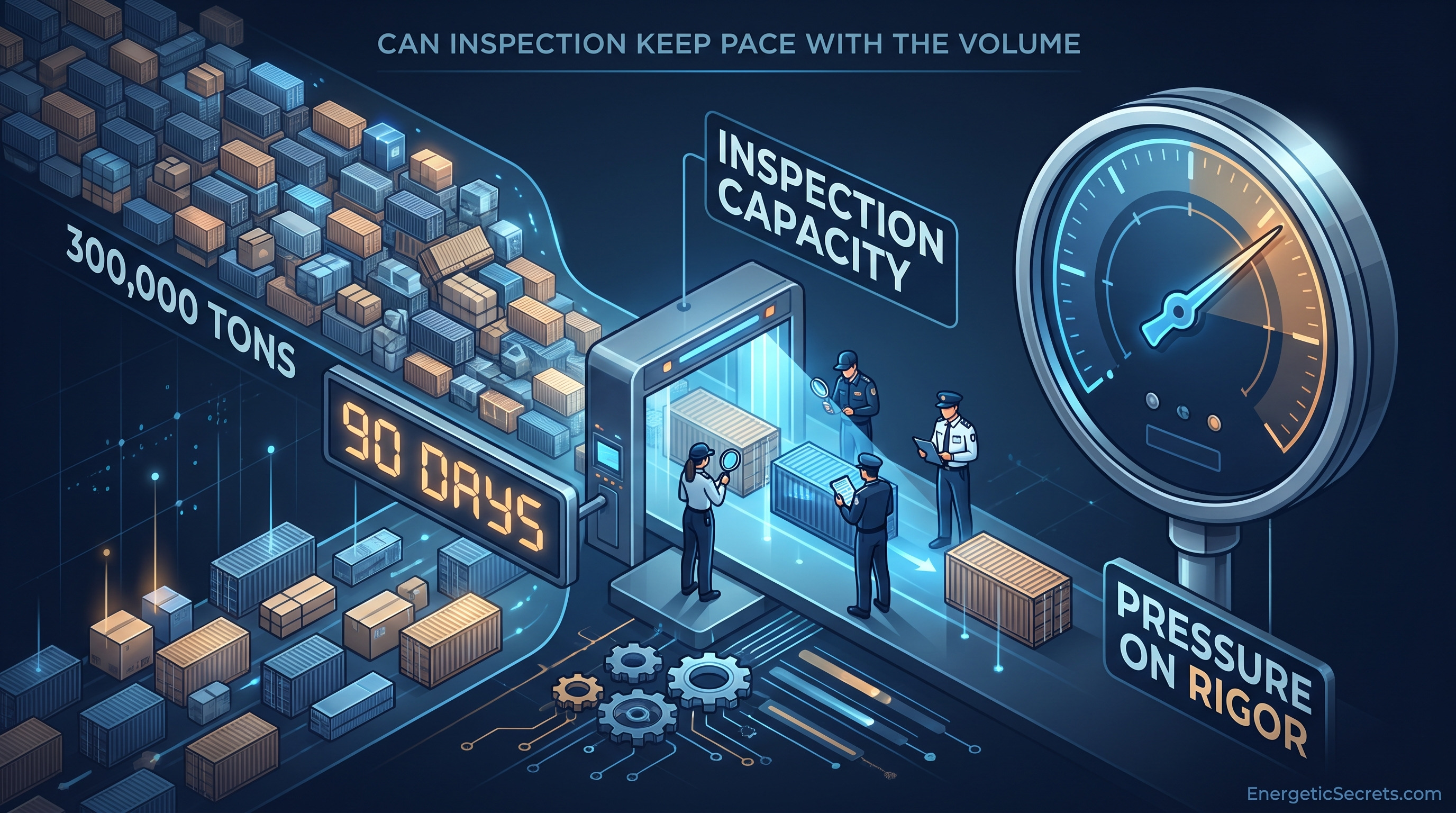 A 300,000-ton import window clearing in 90 days against finite inspection capacity