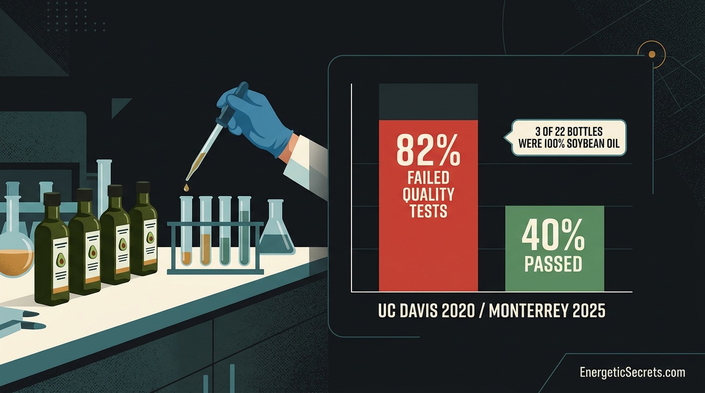 UC Davis lab findings: 82% of avocado oil samples failed quality tests, and 3 of 22 bottles were 100% soybean oil