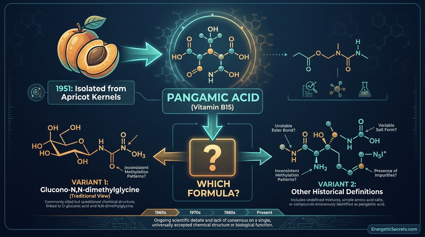 Diagram linking an apricot kernel to pangamic acid and two competing formula paths.