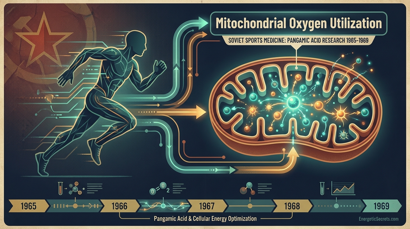 Runner silhouette, mitochondrion, and a 1965&ndash;1969 research timeline.