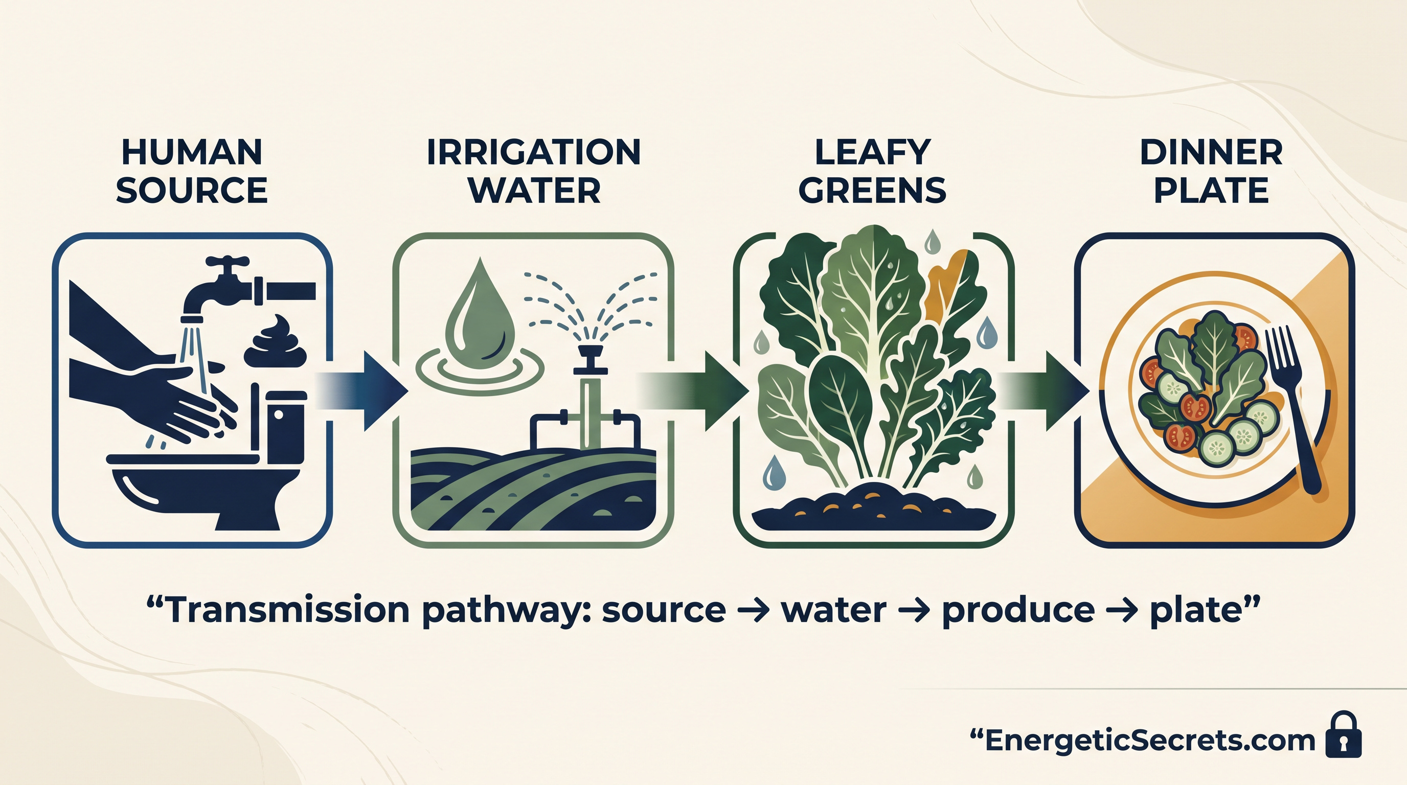 Left-to-right diagram showing human source, irrigation water, leafy greens, and dinner plate.
