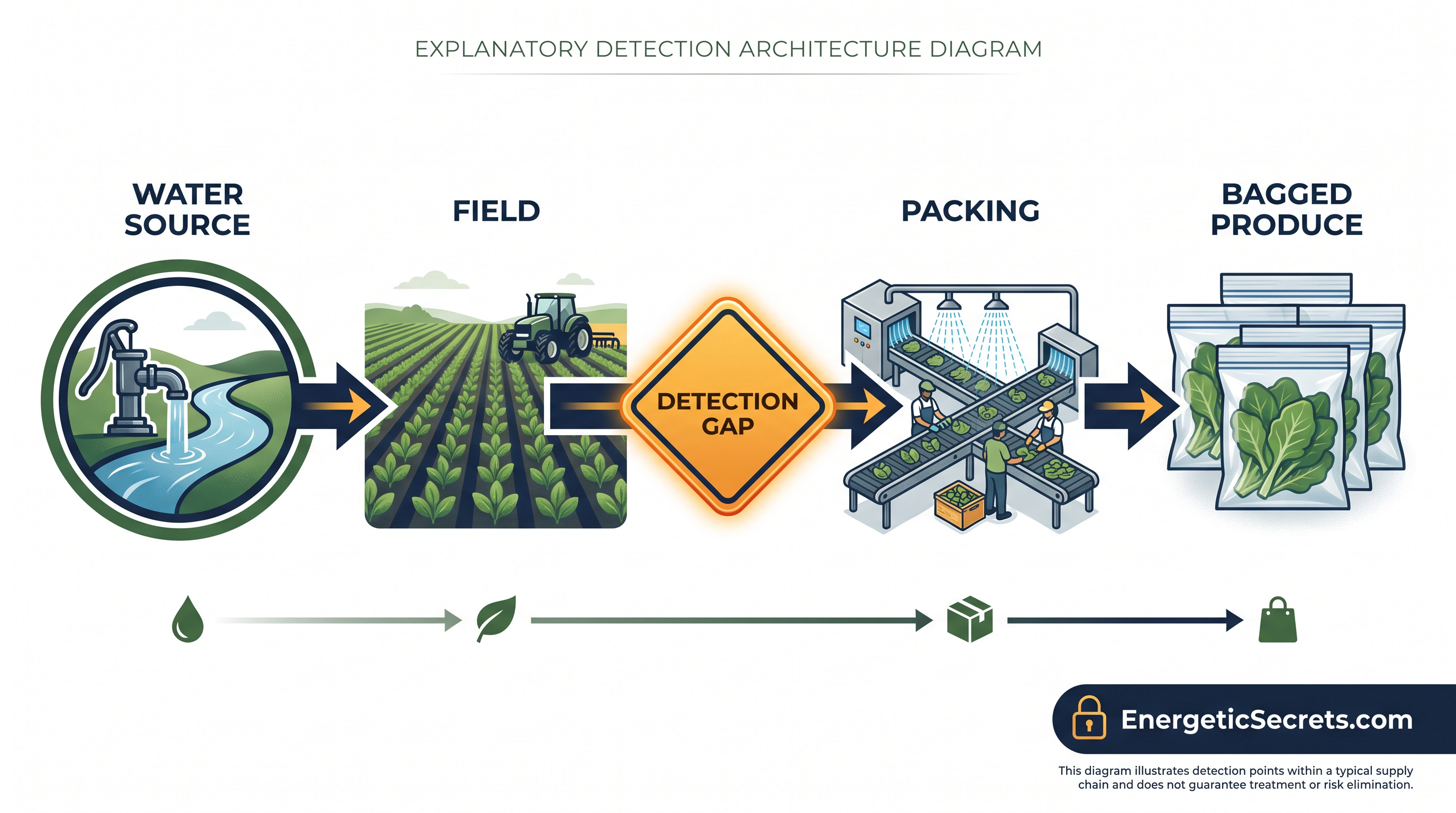 Supply-chain diagram from water source through field and packing to bagged produce, marked Detection Gap.
