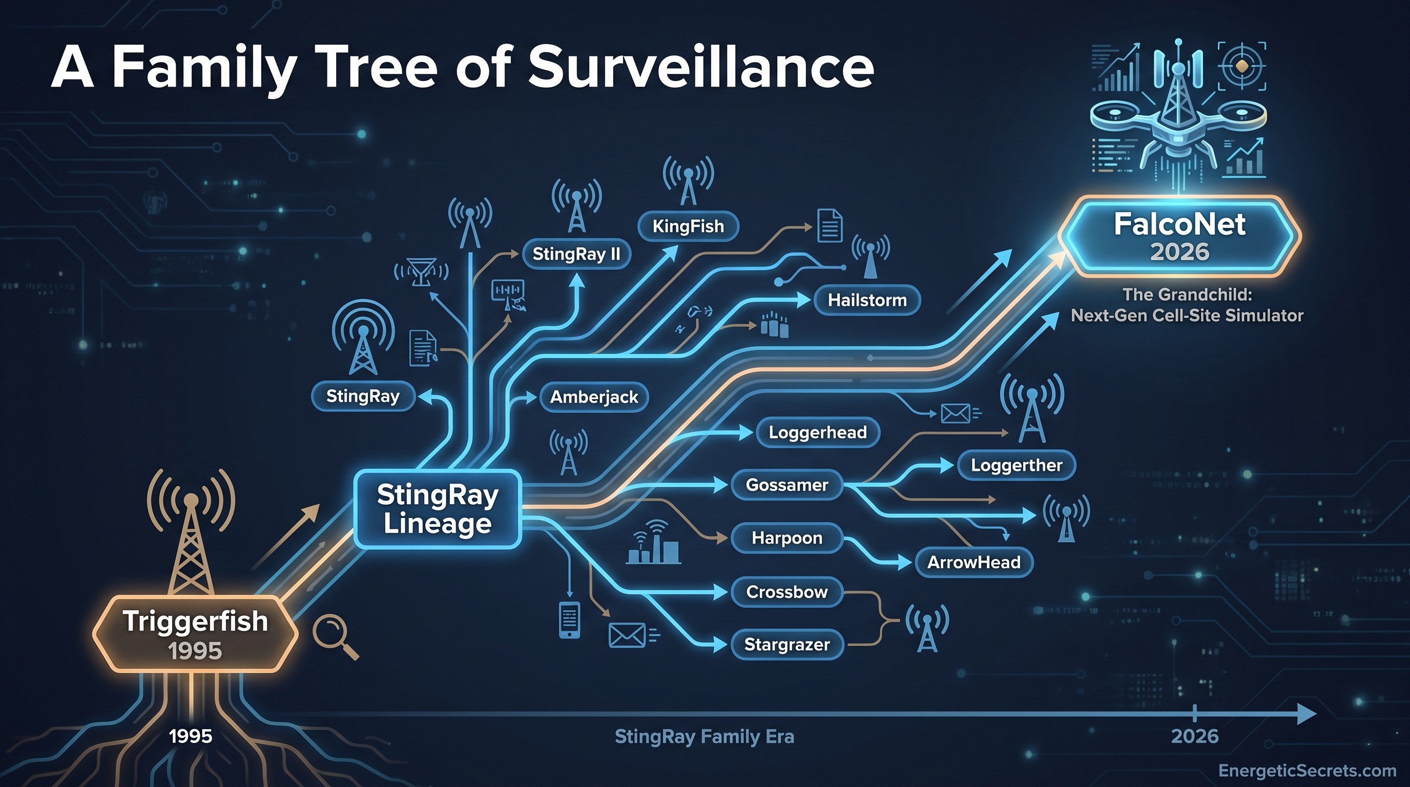 Family tree timeline from Triggerfish in 1995 to StingRay lineage to FalcoNet in 2026