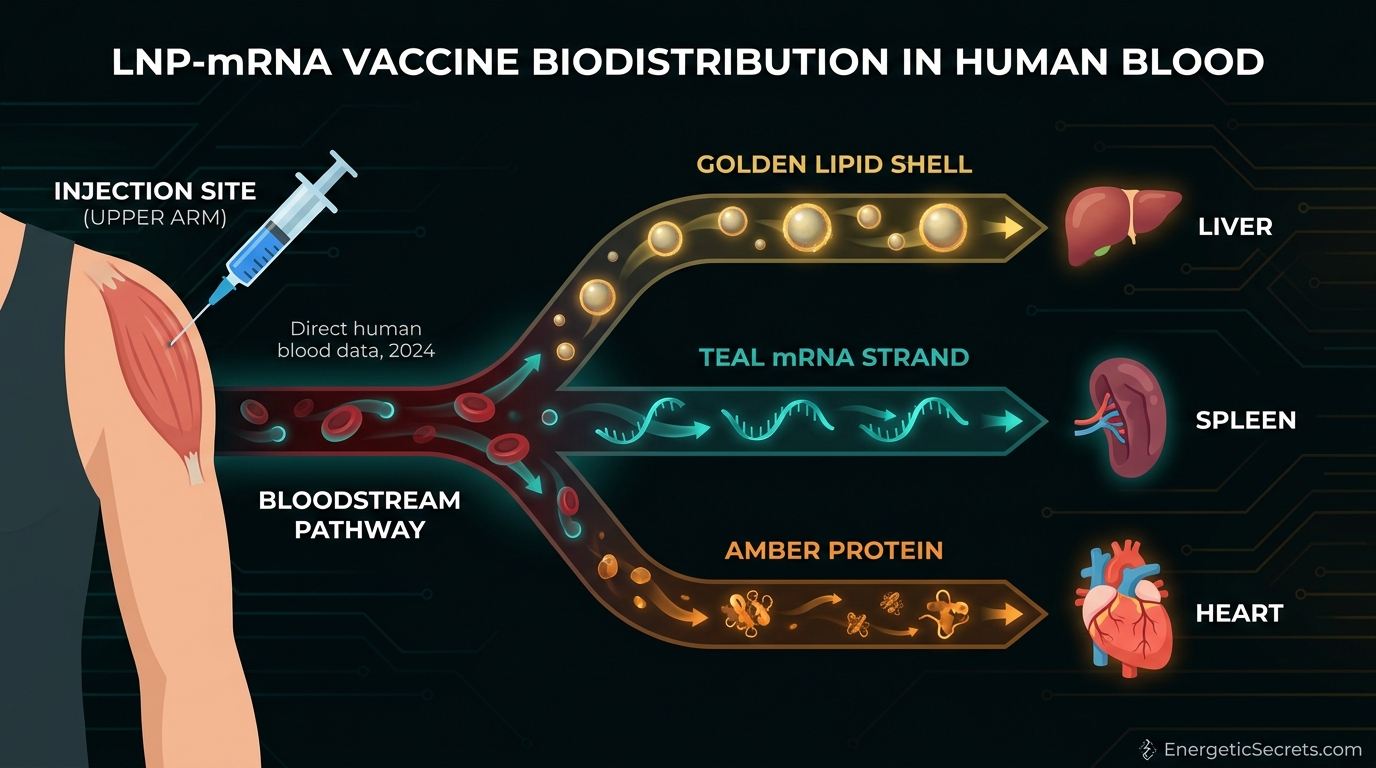 LNP-mRNA biodistribution diagram: injection site, bloodstream, three components (lipid shell &rarr; liver, mRNA &rarr; spleen, protein &rarr; heart)