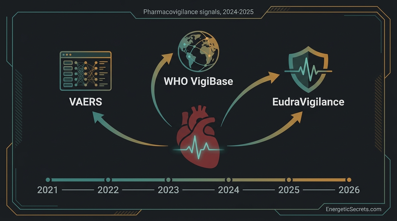 Heart with ECG line connected to VAERS, WHO VigiBase, and EudraVigilance monitoring panels, 2021-2026 timeline