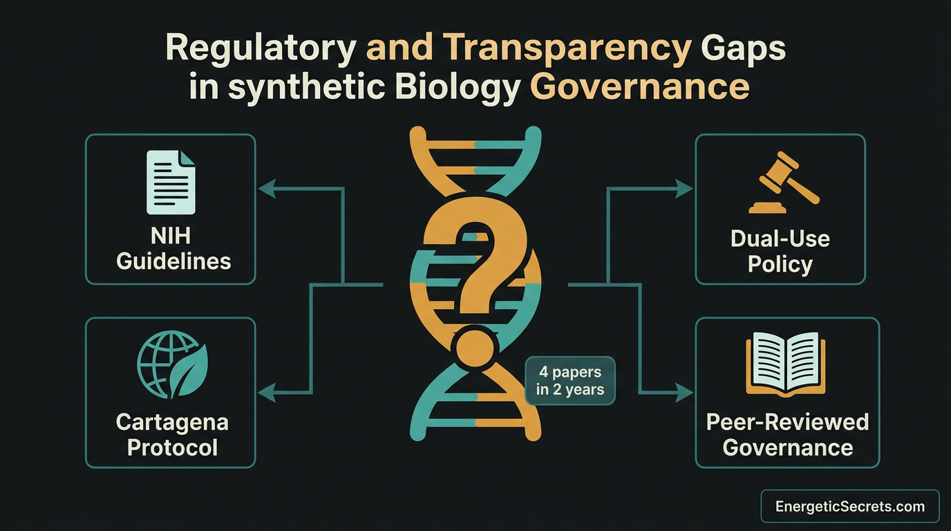 DNA helix with question mark, four governance panels (NIH Guidelines, Cartagena Protocol, Dual-Use Policy, Peer-Reviewed Governance), &ldquo;4 papers in 2 years&rdquo; counter