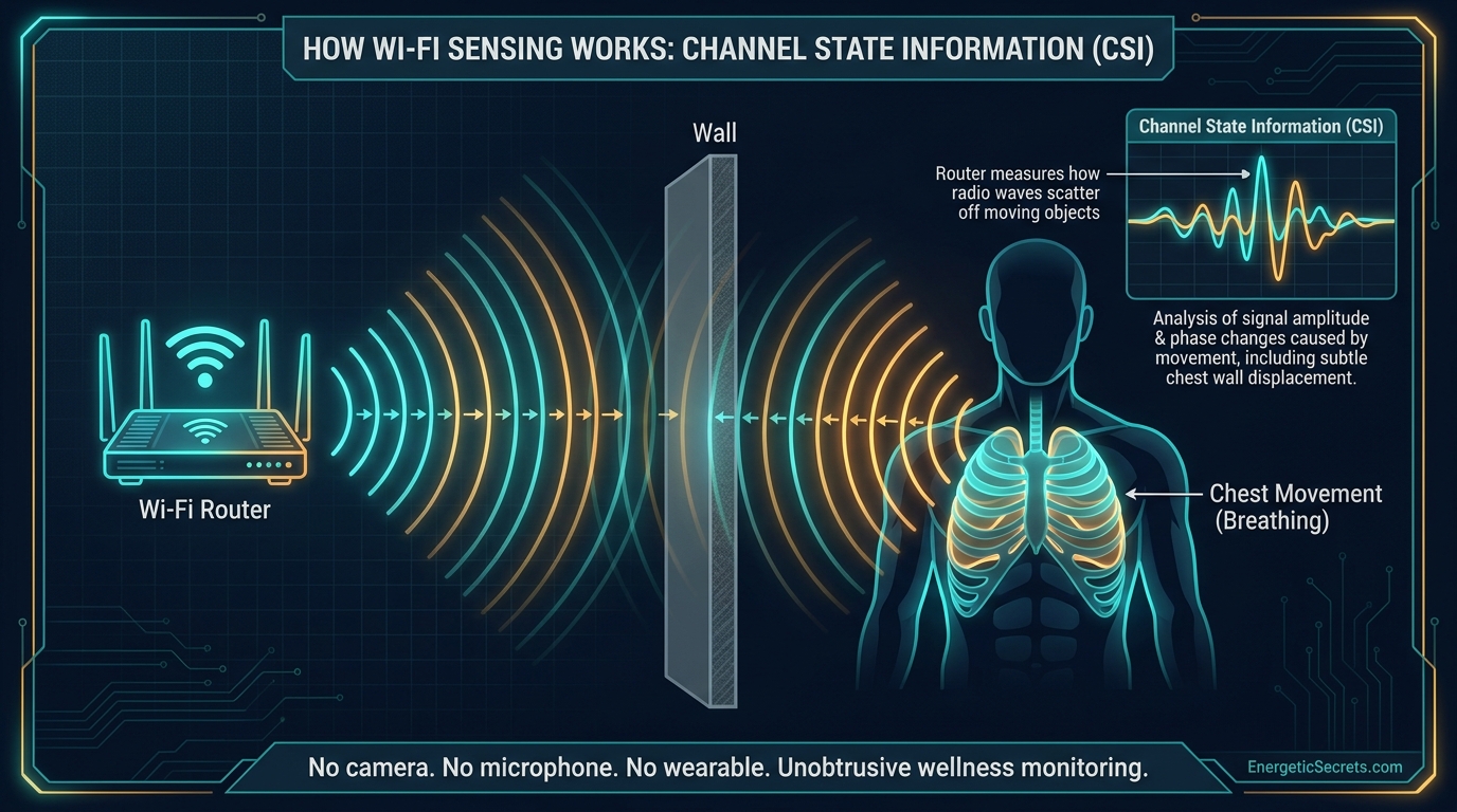 Wi-Fi signals carry channel state information that reveals how the environment alters every transmission, including the tiny movements of a human chest.