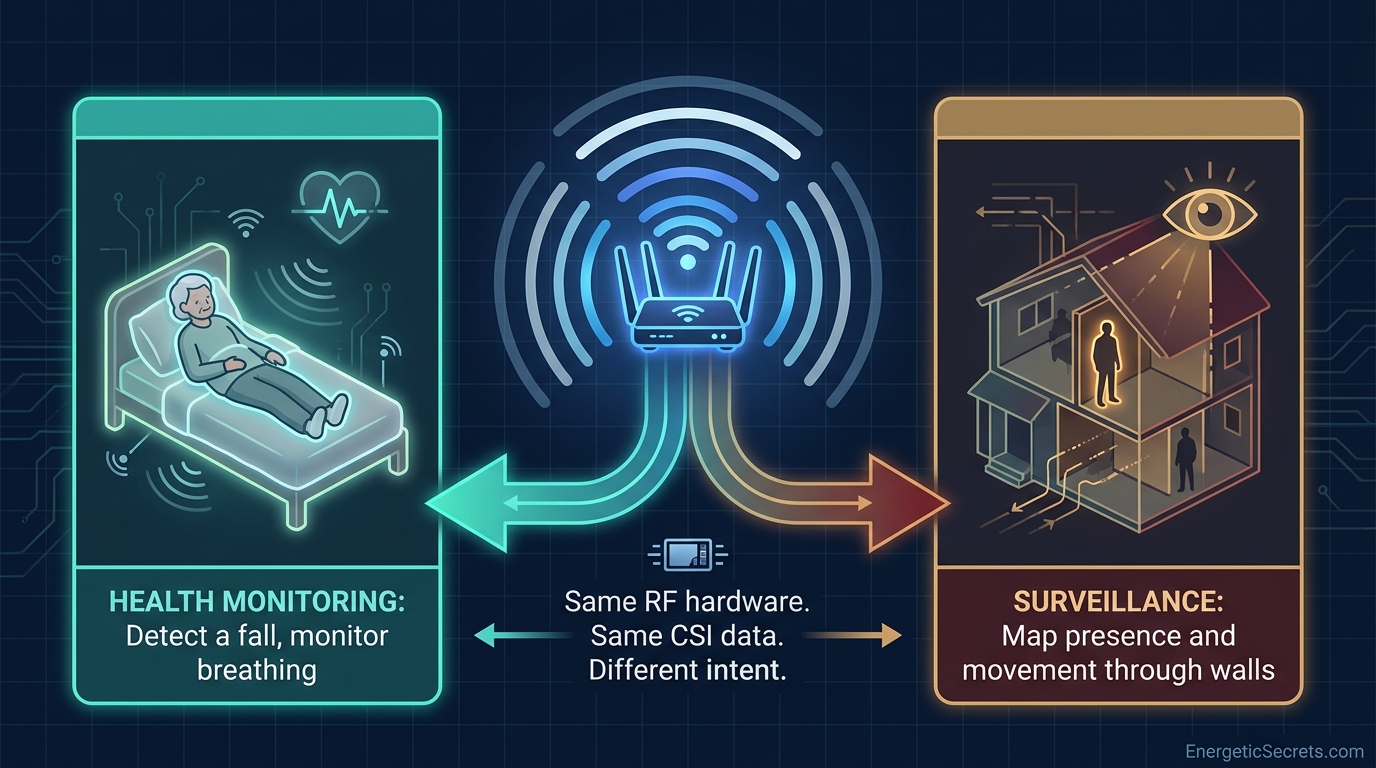 The same signal-processing pipeline that monitors health can, without consent, map the presence and movement of every occupant in a home.