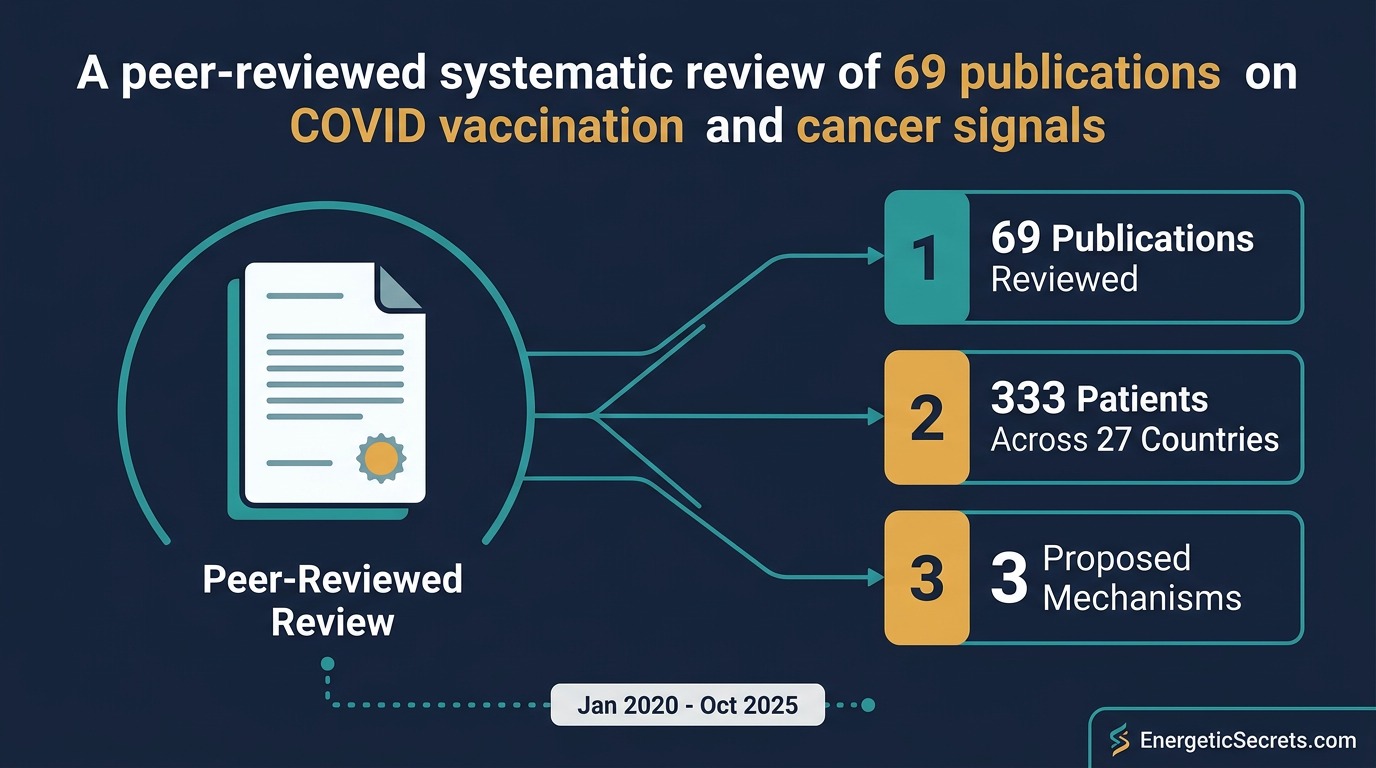 Peer-reviewed review diagram: 69 publications, 333 patients across 27 countries, 3 proposed mechanisms, Jan 2020-Oct 2025