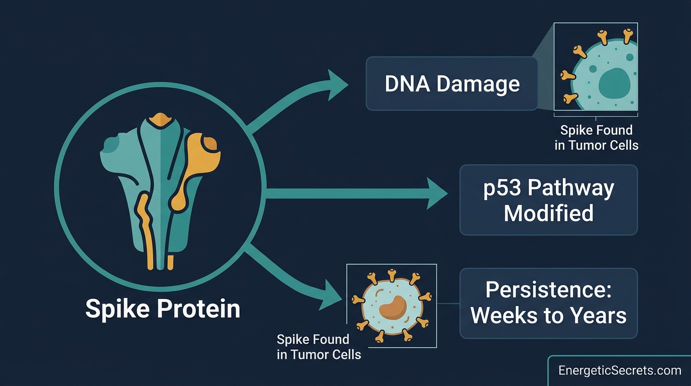 Spike protein to DNA damage, p53 pathway modified, persistence weeks to years; spike found in tumor cells