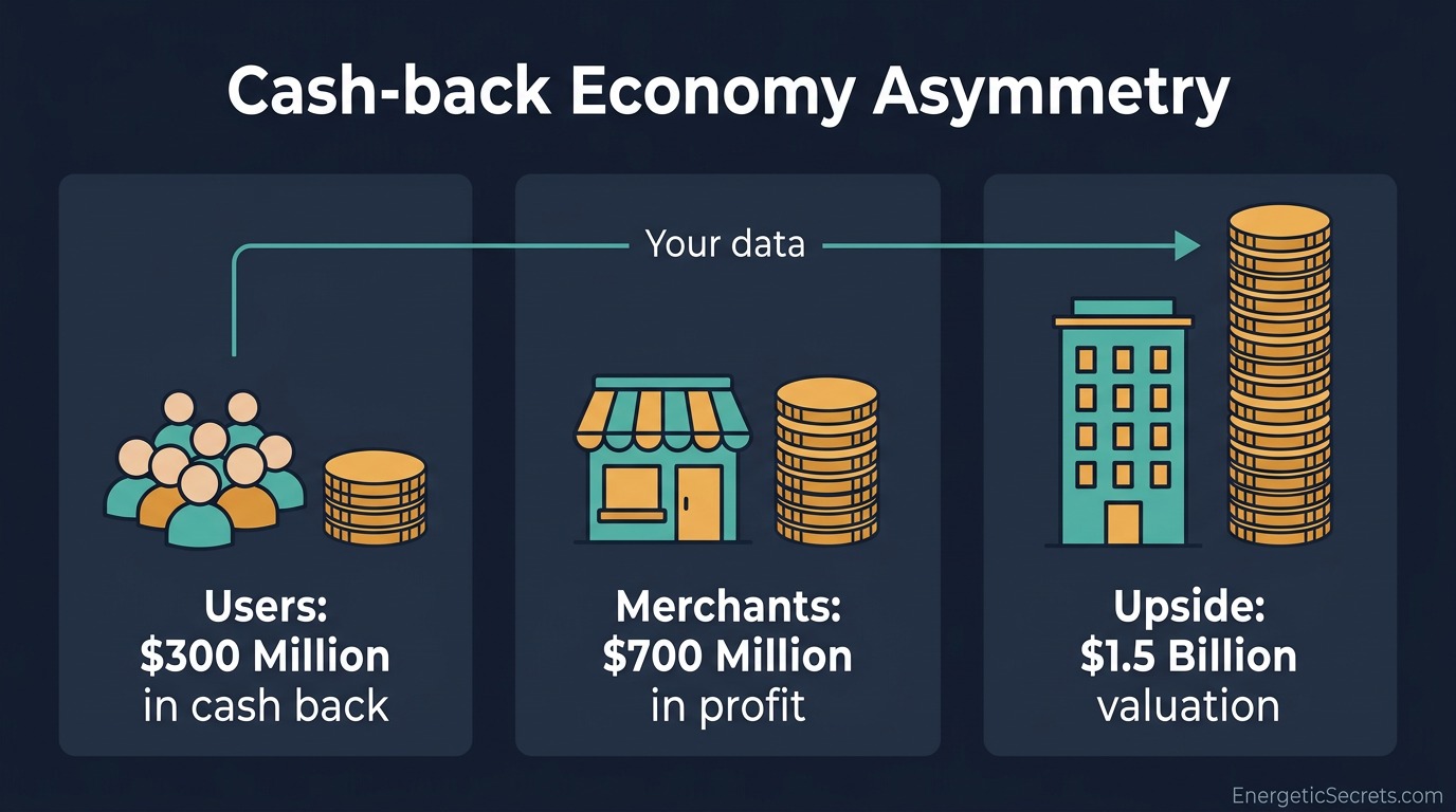 Three comparison panels showing users at $300 million in cash back, merchants at $700 million in profit, and Upside at a $1.5 billion valuation, with coin stacks scaled to the figures