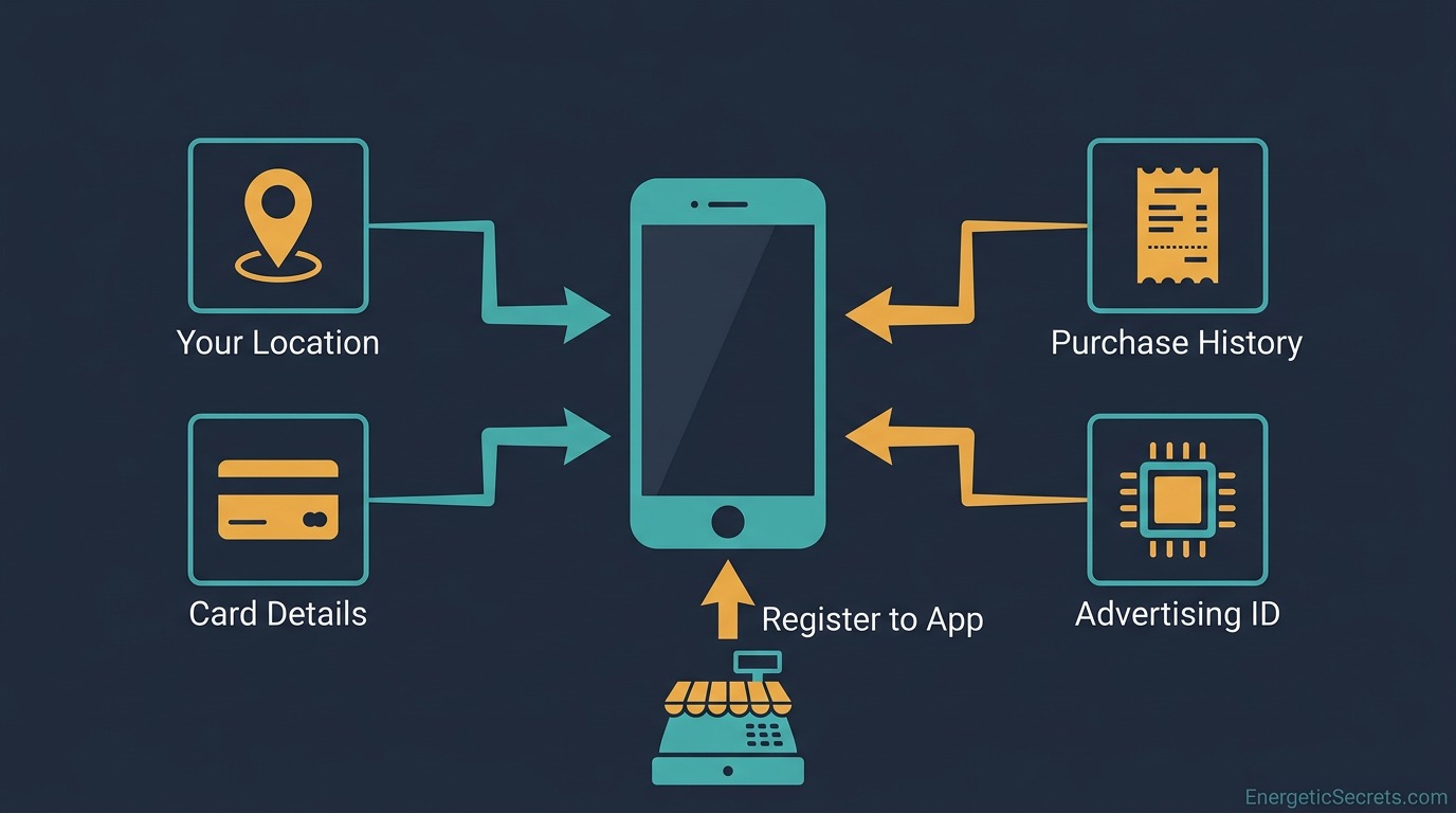 Centered smartphone with four labeled arrows flowing into it: your location, purchase history, card details, and advertising ID, plus a register-to-app pipe