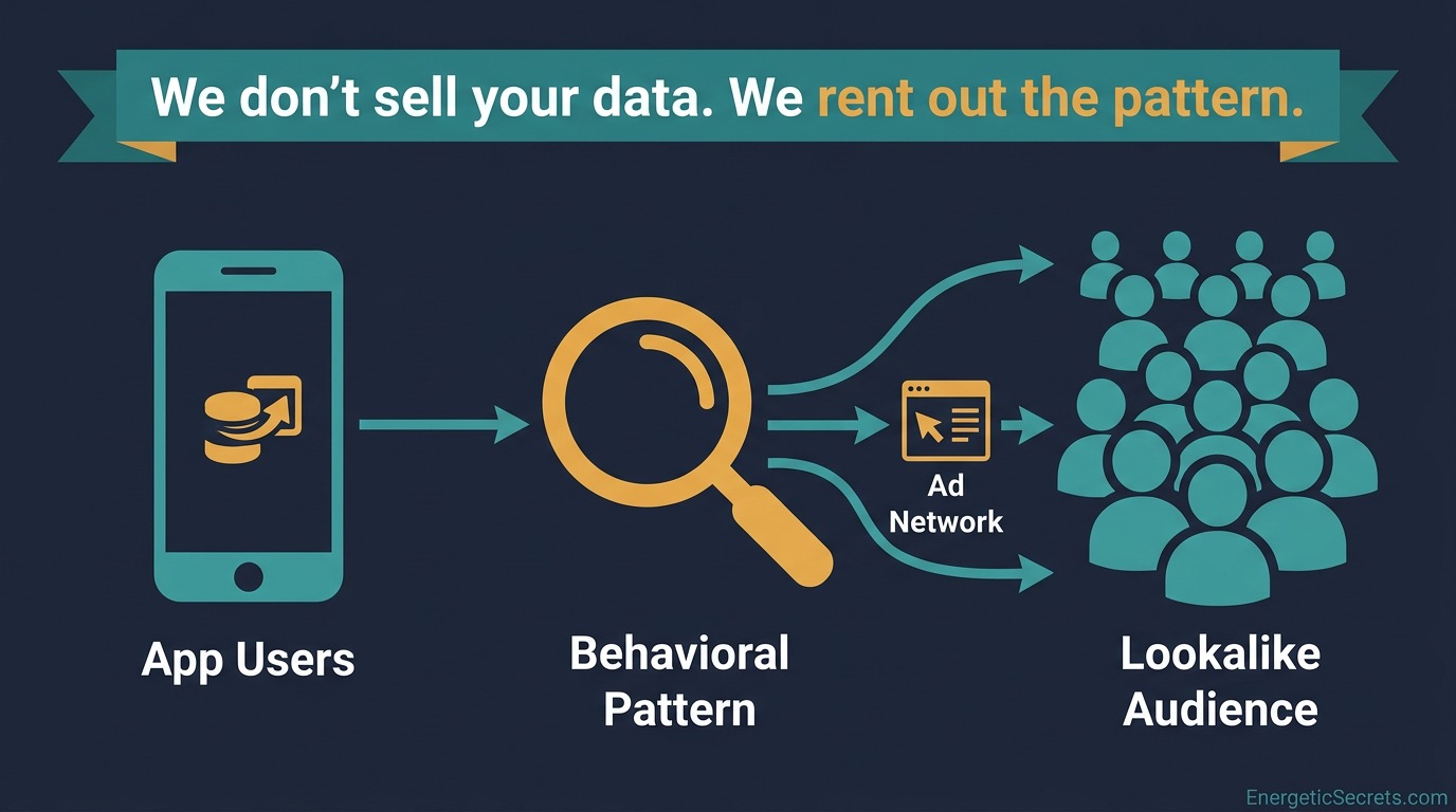 Flow from app users through behavioral pattern and ad network to lookalike audience, with the banner