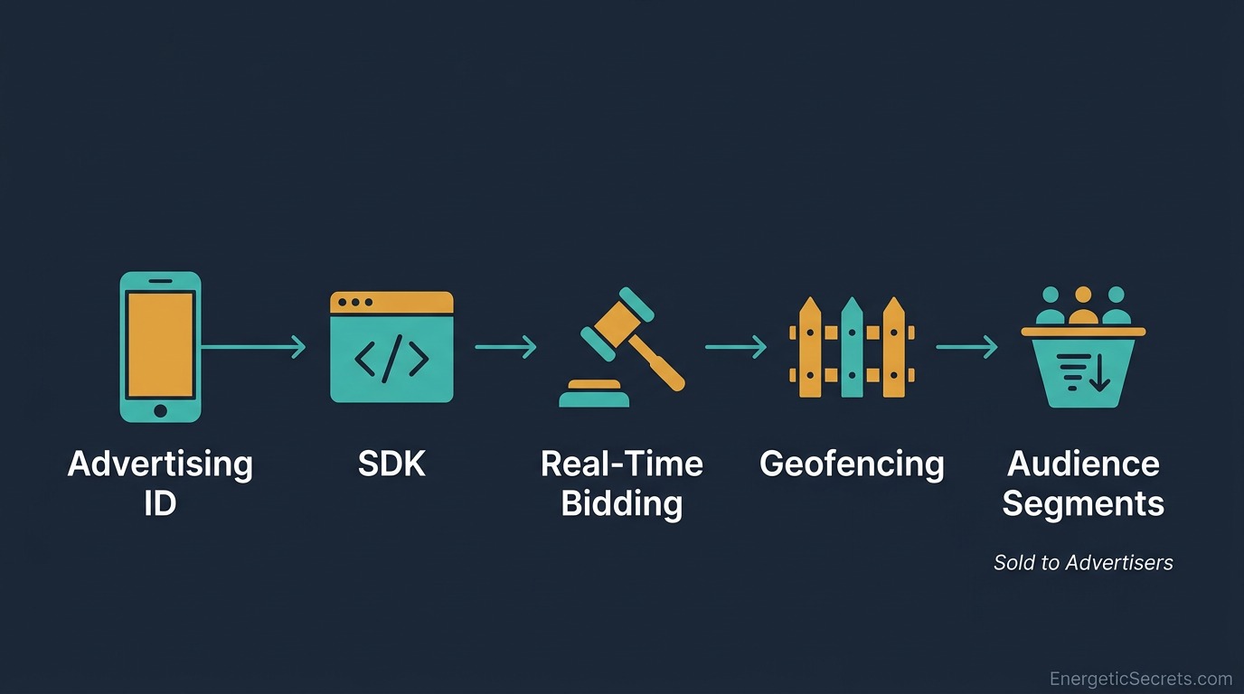 Five-stage horizontal pipeline: advertising ID, SDK, real-time bidding, geofencing, and audience segments, sold to advertisers