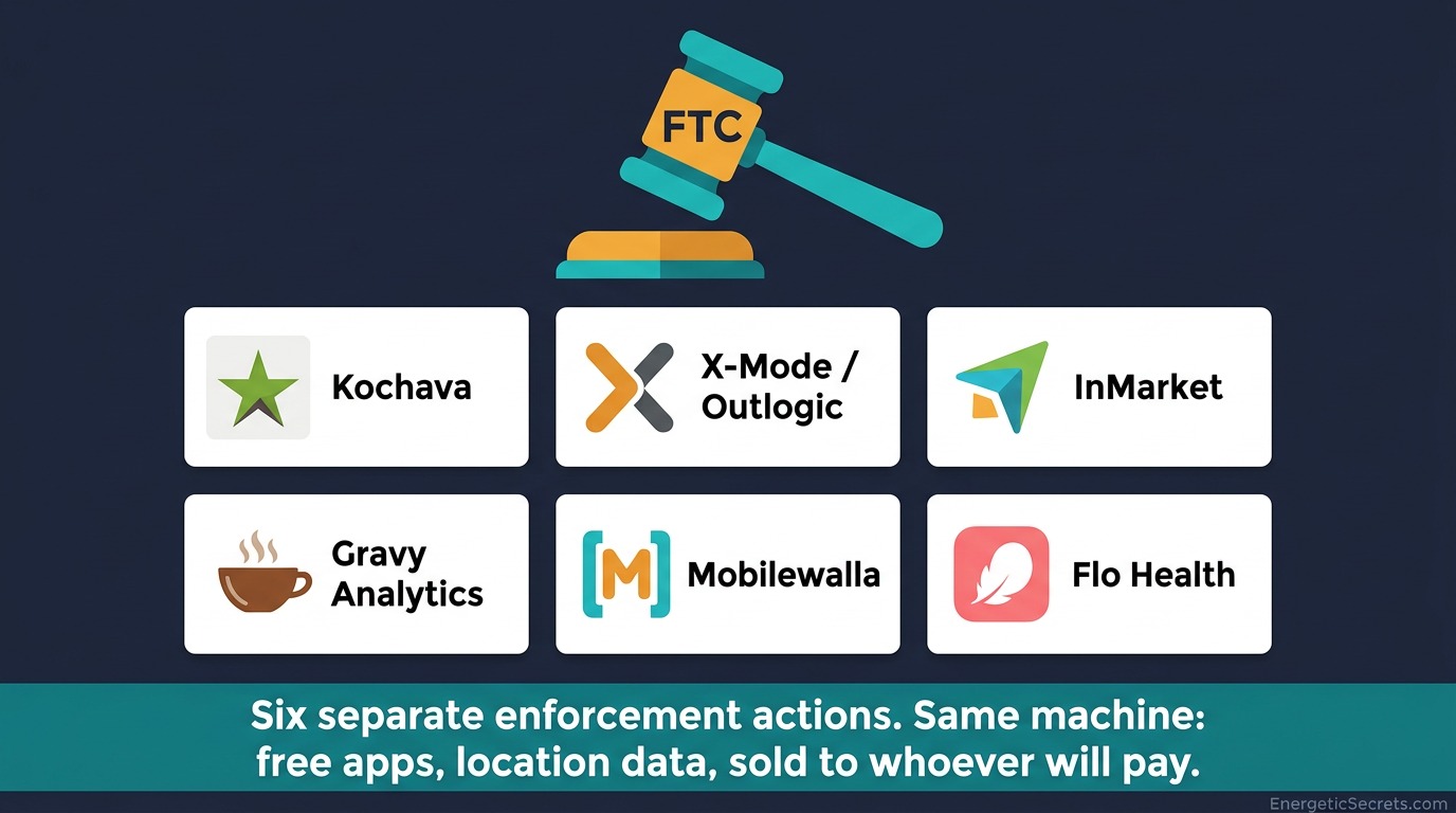 Gavel icon with FTC at top, six company-card panels for Kochava, X-Mode/Outlogic, InMarket, Gravy Analytics, Mobilewalla, and Flo Health in a 3x2 grid, with a summary banner at bottom